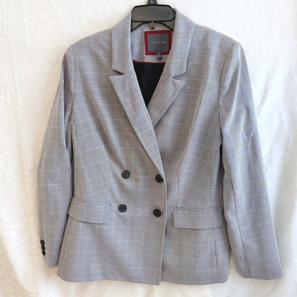 The Limited Grey Glen Plaid Double Breasted Blazer Jacket Size 10 Professional